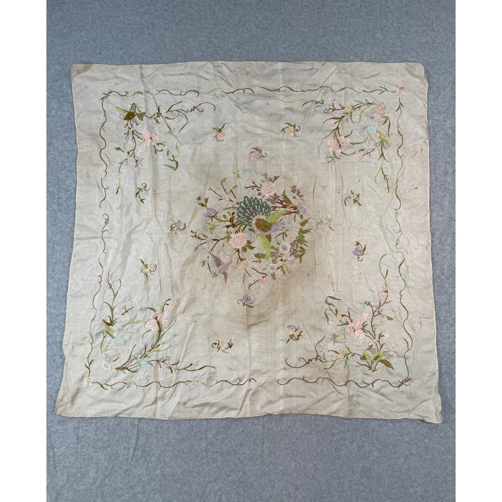 Antique 31" Silk Scarf Hand Embroidered Peacock Floral Bird Vintage Cream